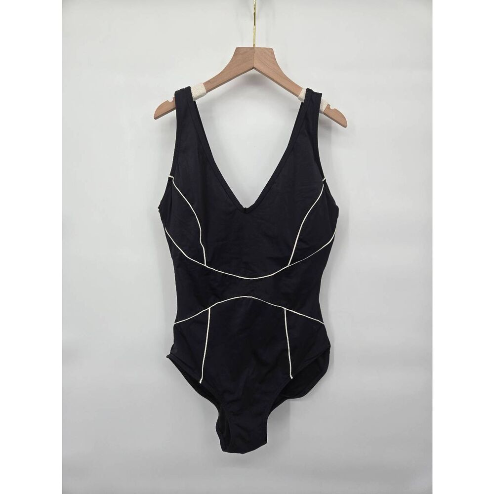 SPANX Black One-Piece Swimsuit with White Piping